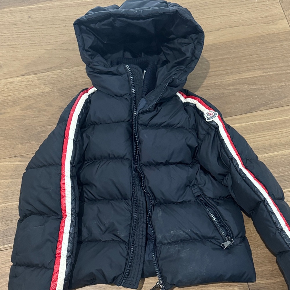 Kids Moncler Black Puffer Jacket with Red and White Accents